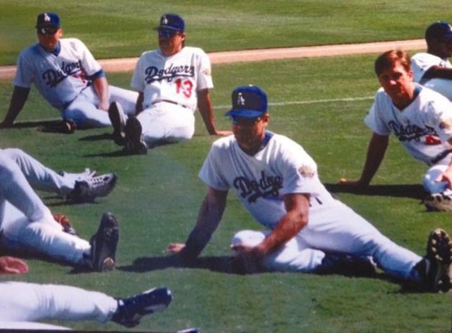 Oreste Marrero stretching before the game at Dodgers Stadium
