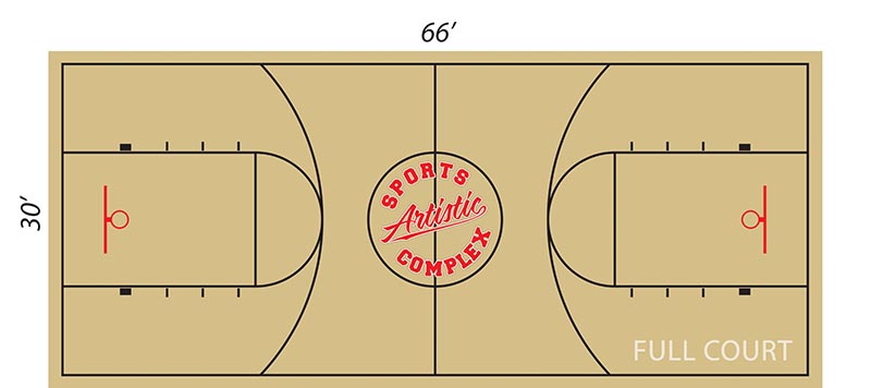 Layout of full basketball rental court at Artistic Stitch Sports Complex in Queens, NY.