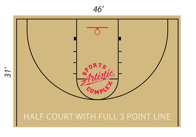 Diagram showing layout and dimensions of rental basketball half court with full 3 point line at Artistic Sports Complex in Queens, NY.