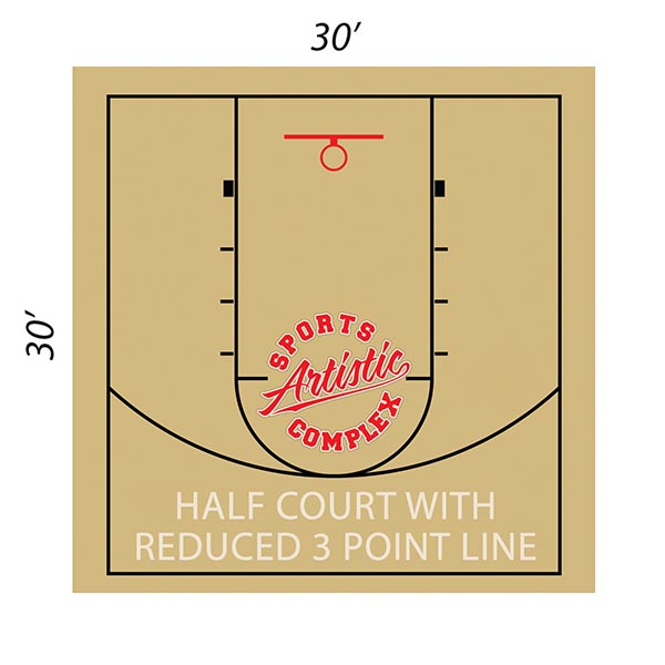 Diagram showing layout and dimensions of rental basketball half court with reduced 3 point line at Artistic Complex in Queens, NY.
